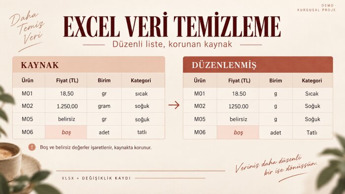 Excel verilerinizi temizler ve kullanıma hazırlarım