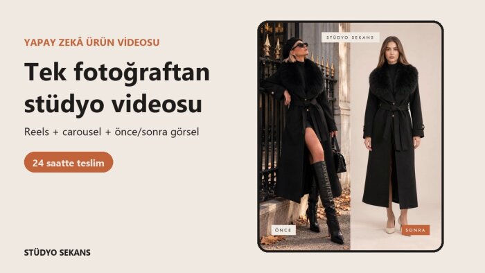 ürün fotoğrafından yapay zeka ile stüdyo videosu hazırlarım