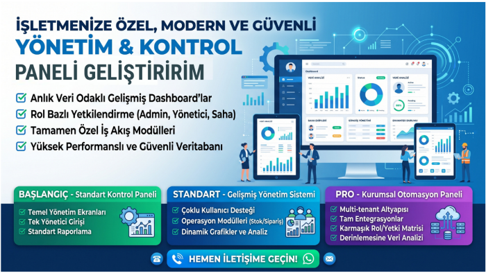 işletmenize özel yönetim ve kontrol paneli geliştiririm