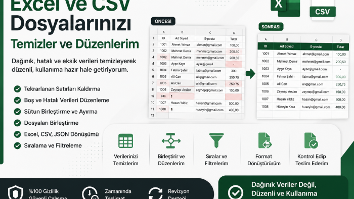 Excel ve CSV dosyalarınızı temizler ve düzenlerim