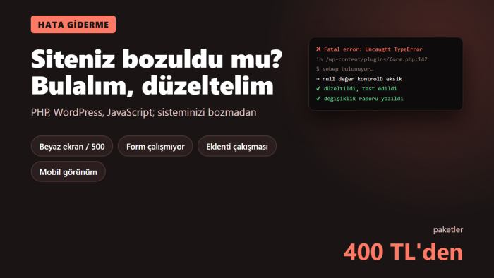sitenizdeki PHP, WordPress ve JavaScript hatalarını çözerim