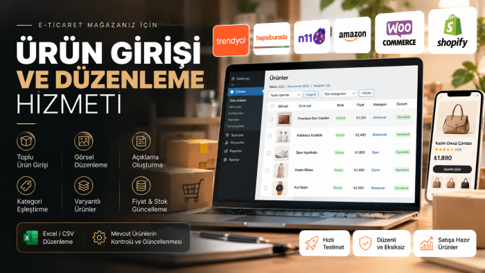 e-ticaret sitenize ürün girişi ve düzenlemesi yaparım