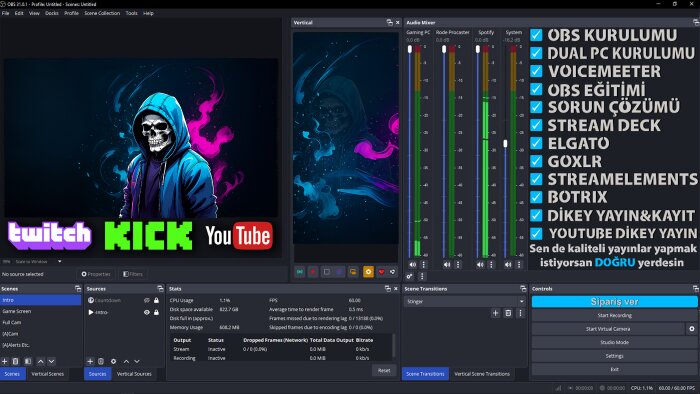 obs studio kurulumu ve tüm ayarlarınızı yapıyorum