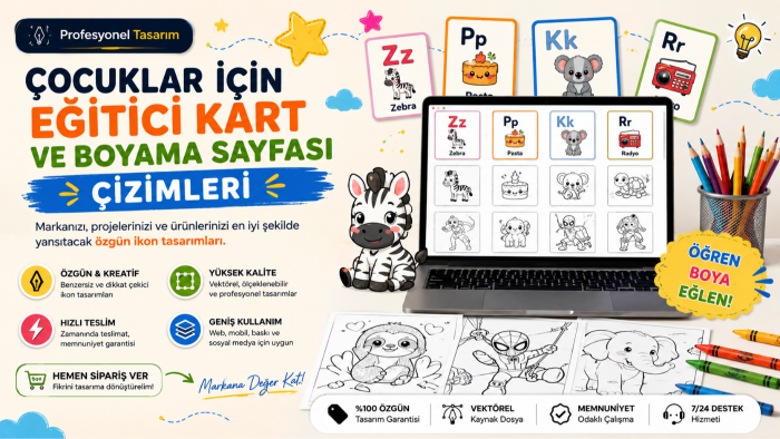 çocuk boyama kitabı ve eğitici alfabe kartları yaparım
