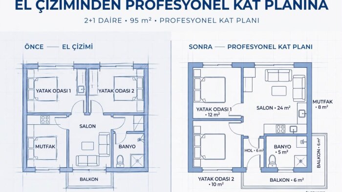 el çizimi krokiden profesyonel 2+1 kat planı çiziyorum