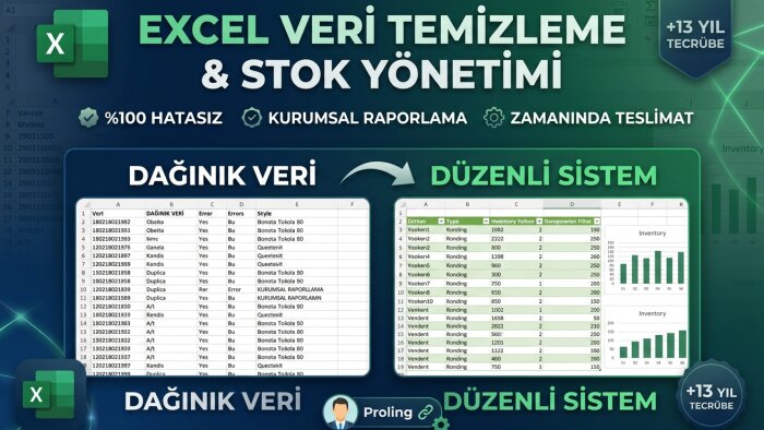veri analizi,envanter takibi ve stok tablolarını düzenlerim