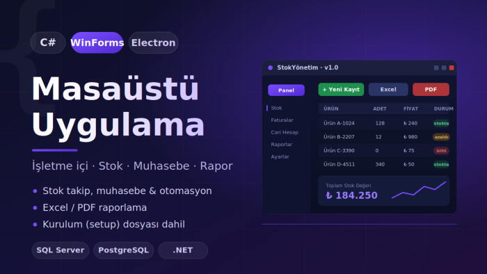 C# WinForms veya Electron ile masaüstü uygulama geliştiririm