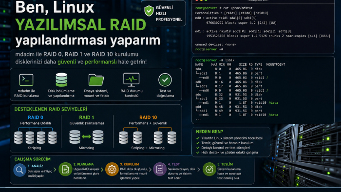 Linux Software (yazılımsal) RAID yapılandırması yaparım