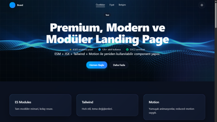 React ve Tailwind ile modern landing page geliştiririm