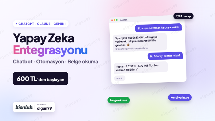 sitenize ve uygulamanıza yapay zeka entegre ederim