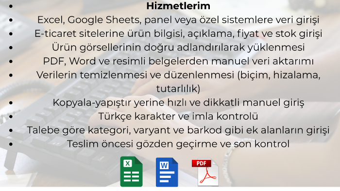 excel veya panel üzerinden ürün ve veri girişi yapabilirim