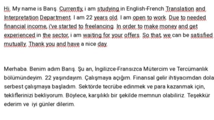 İngilizce çeviri yapıyorum ve metin yazıyorum