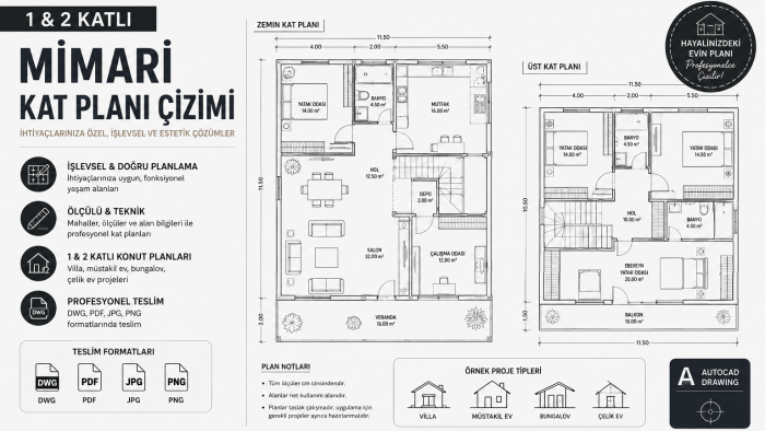 1 veya 2 katlı mimari kat planı çizerim