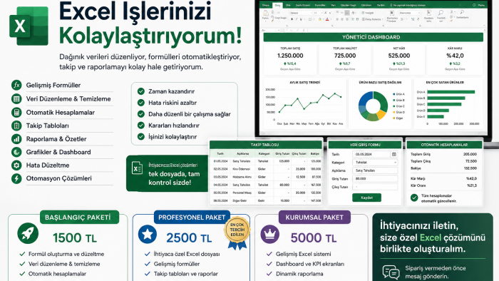 excel, formül, tablo, veri düzenleme i̇şlerini yaparım