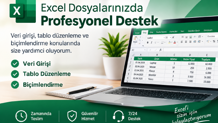 Excel tablo düzenleme ve veri girişi desteği sağlarım