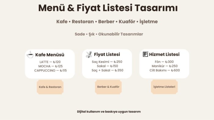 menü ve fiyat listesi tasarlarım