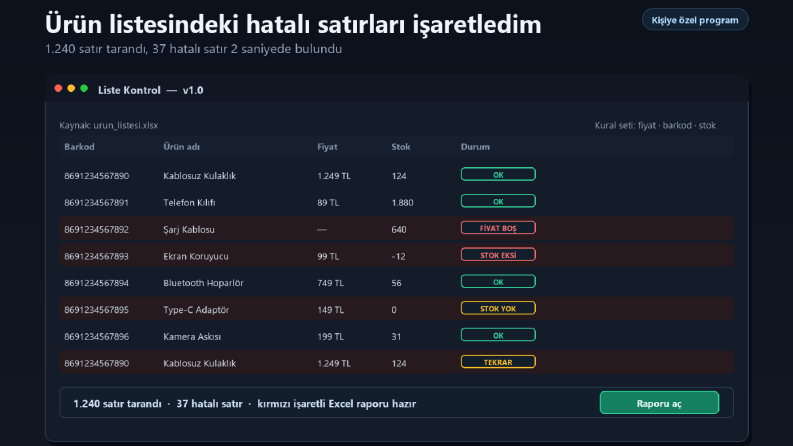 Hatalı ürün satırlarını işaretleyen kontrol programı