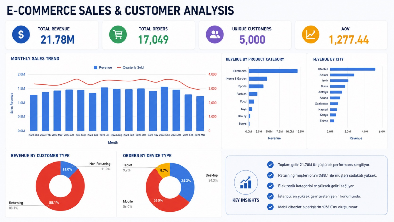 E-Ticaret Satış & Müşteri Analizi Dashboard Projesi