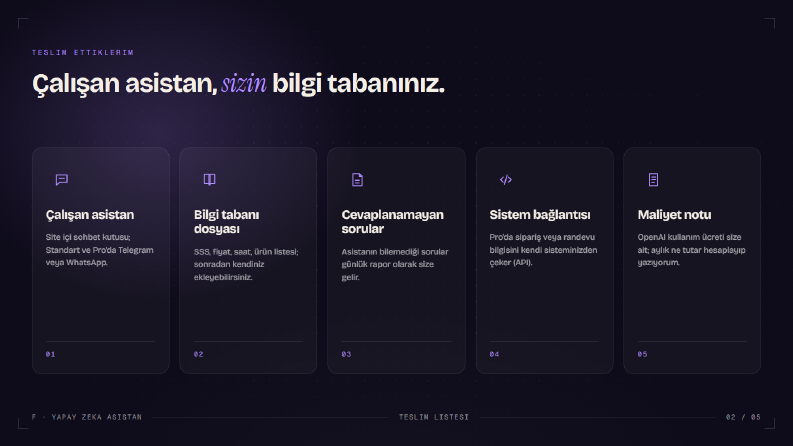 Asistan teslim paketi: bilgi tabanı, rapor, kanal bağlantısı