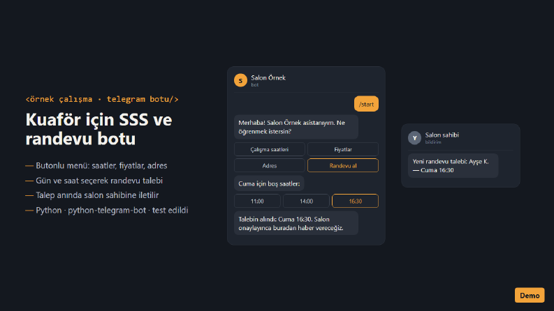 Kuaför için Telegram SSS ve Randevu Botu