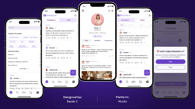 HerVoice - Sosyal Etkileşim Platformu (Mobil UI/UX)