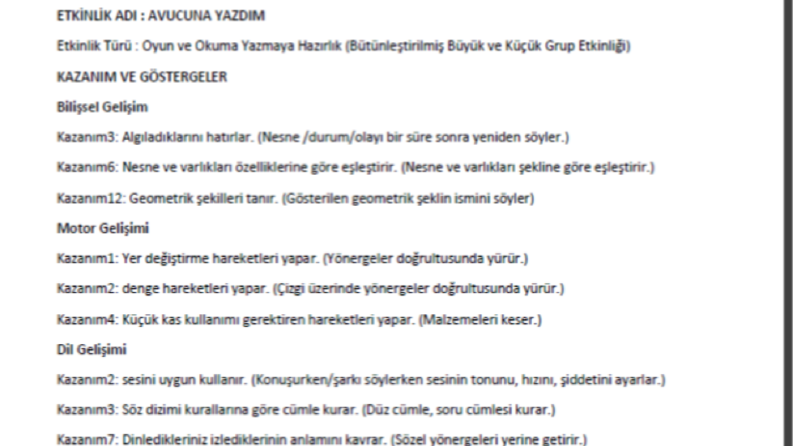 Okul Öncesi Etkinlik Planı