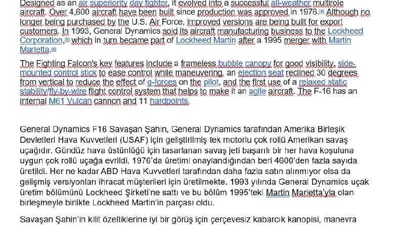 İngilizce-Türkçe F16 Savaş Uçağı Açıklaması Çevirisi