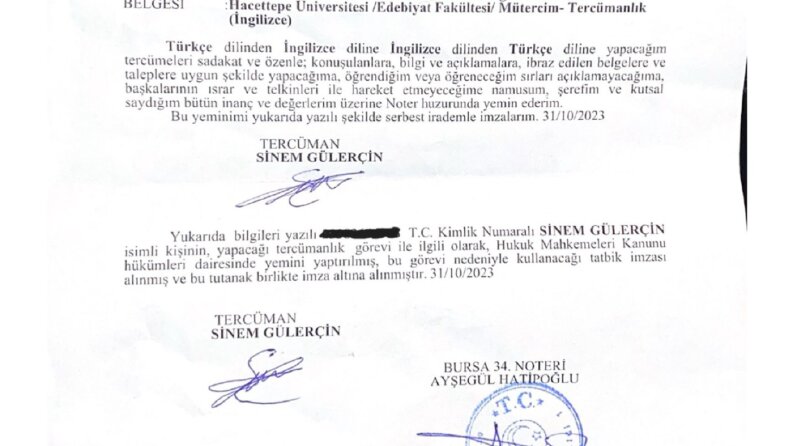 Noter yemin zaptı ve üniversite bilgileri