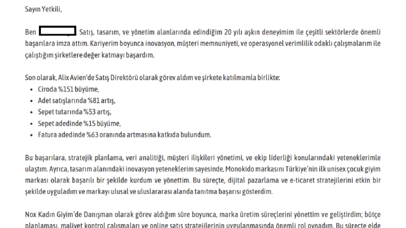 Satış Direktörü olan müşterimiz için profesyonel ön yazı 