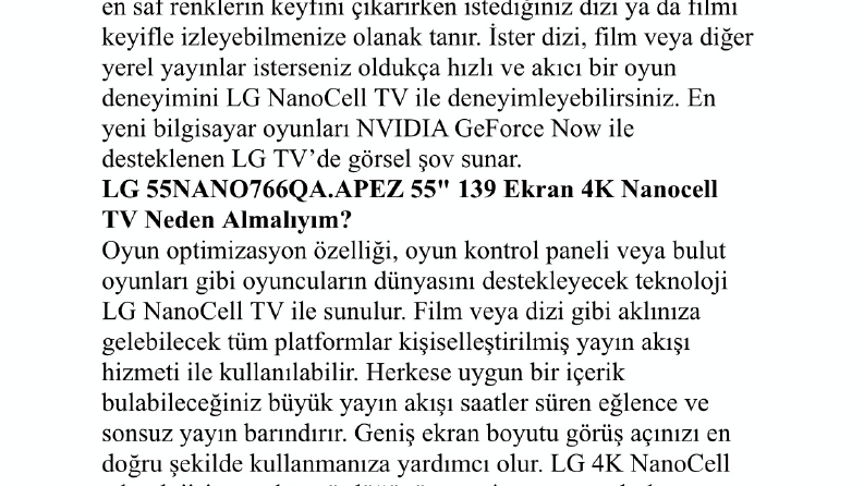 LG teknolojisi LG 55NANO766QA.APEZ 55’’ 139 Ekran 4K Nanocell TV