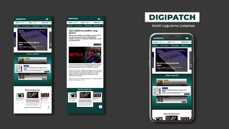 Digipatch haber ajansı mobil uygulama arayüz çalışması