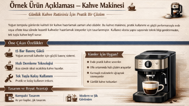 Kahve makinesi ürün açıklaması – detaylı ve okunabilir metin