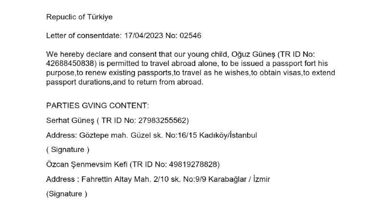 ÇOCUK İÇİN TEK UÇMA İZİN BELGESİ