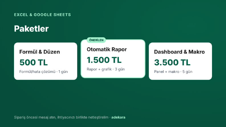 Excel Rapor ve Dashboard Paket Seçenekleri