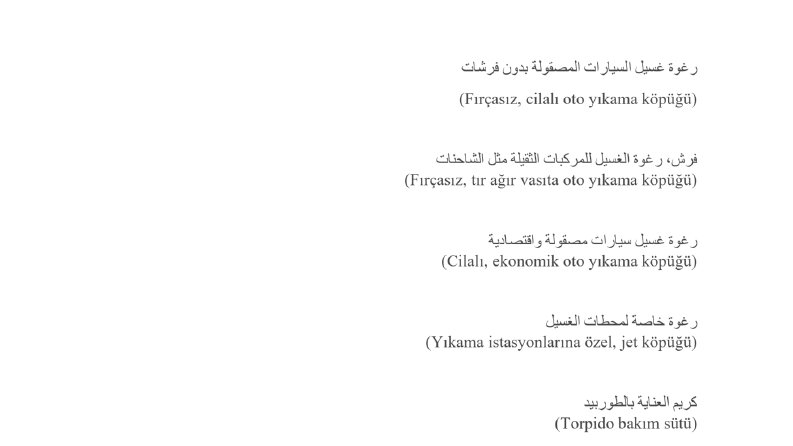 Ürün adları - İngilizce, Arapça Çeviri