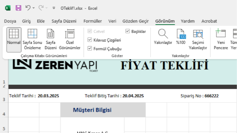 Fiyat teklifi excel