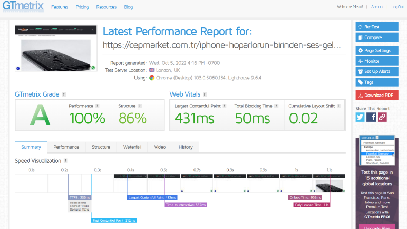 https://cepmarket.com.tr/ GTMetrix PageSpeed Optimizasyonu