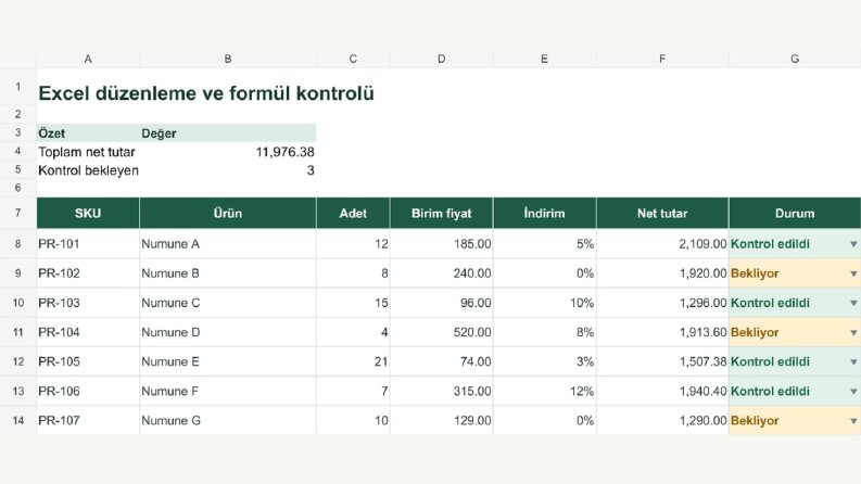 Excel — Formül, Doğrulama ve Tablo Düzenleme