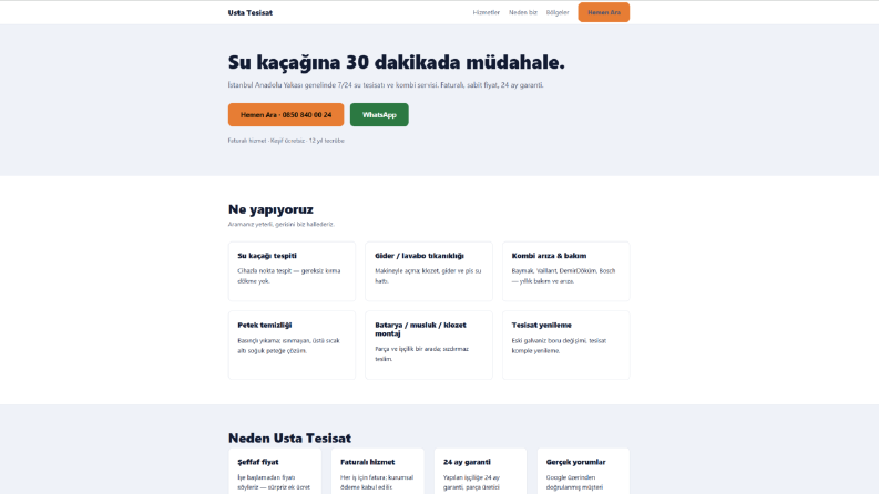 Usta Tesisat- usta bulmak için tek sayfa web sitesi