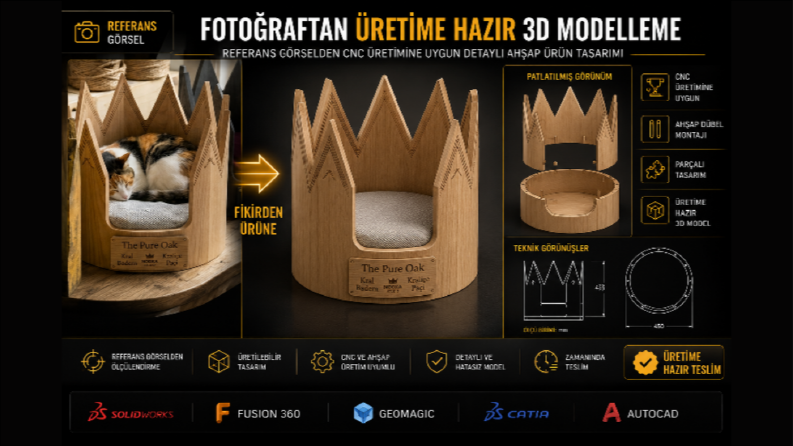 Fotoğraftan CNC Uyumlu Ahşap Kedi Yatağı Tasarımı