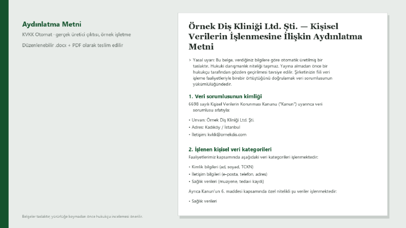 KVKK uyum belge seti — örnek klinik dosyası (aydınlatma metn