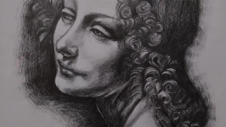Leonardo Da Vinci Kayalıklar Bakiresi karakalem çizimi