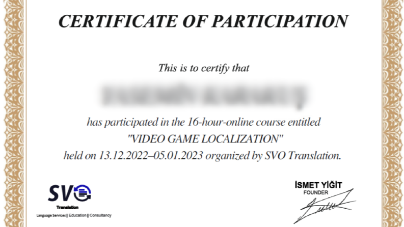 Video Game Localization Certificate