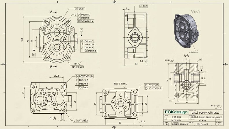 Dişli Pompa Gövdesi - İmalat Teknik Resmi & 3D Modelleme