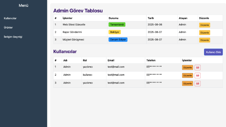 Admin görev web sayfası