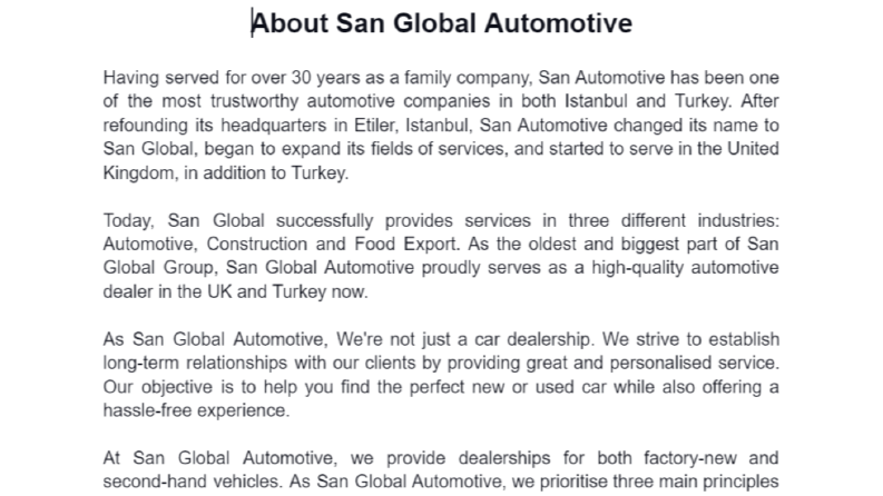 San Global Otomotiv Hakkımızda Sayfası