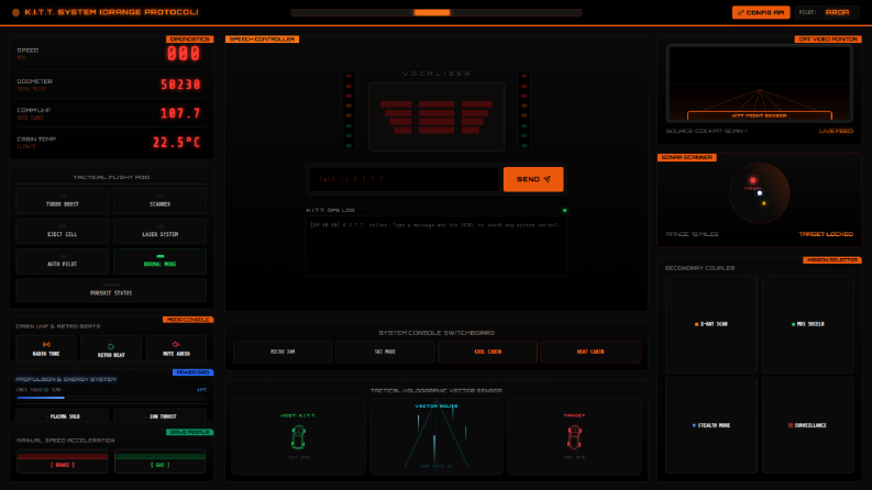 K.I.T.T — interaktif kokpit paneli (HTML/CSS/JS)