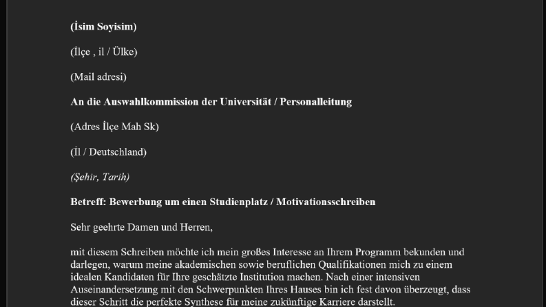 Akademik/Kurumsal Süreçler İçin Almanca Motivasyon Mektubu