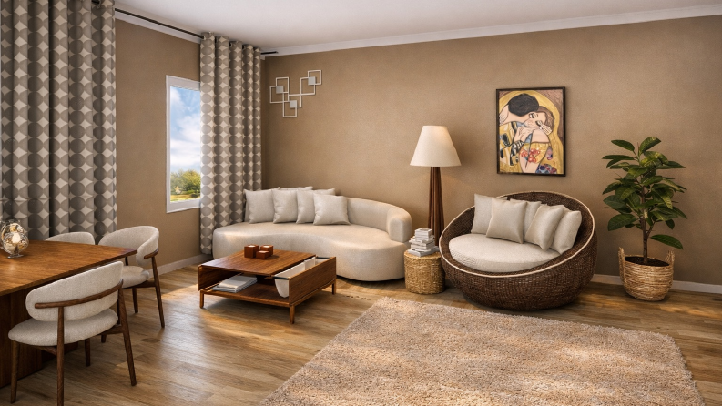 Modern & Doğal Tonlarda Salon Tasarımı | 3D İç Mekân Görselleştirme