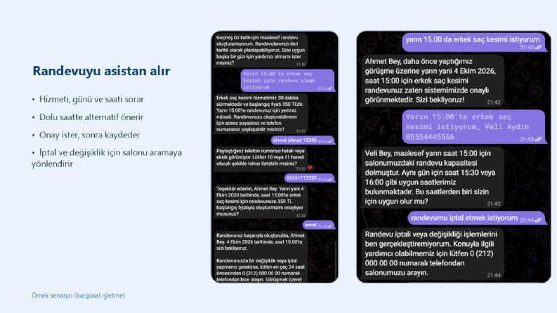 Ben, kuaför ve restoran için örnek chatbotlar kurdum